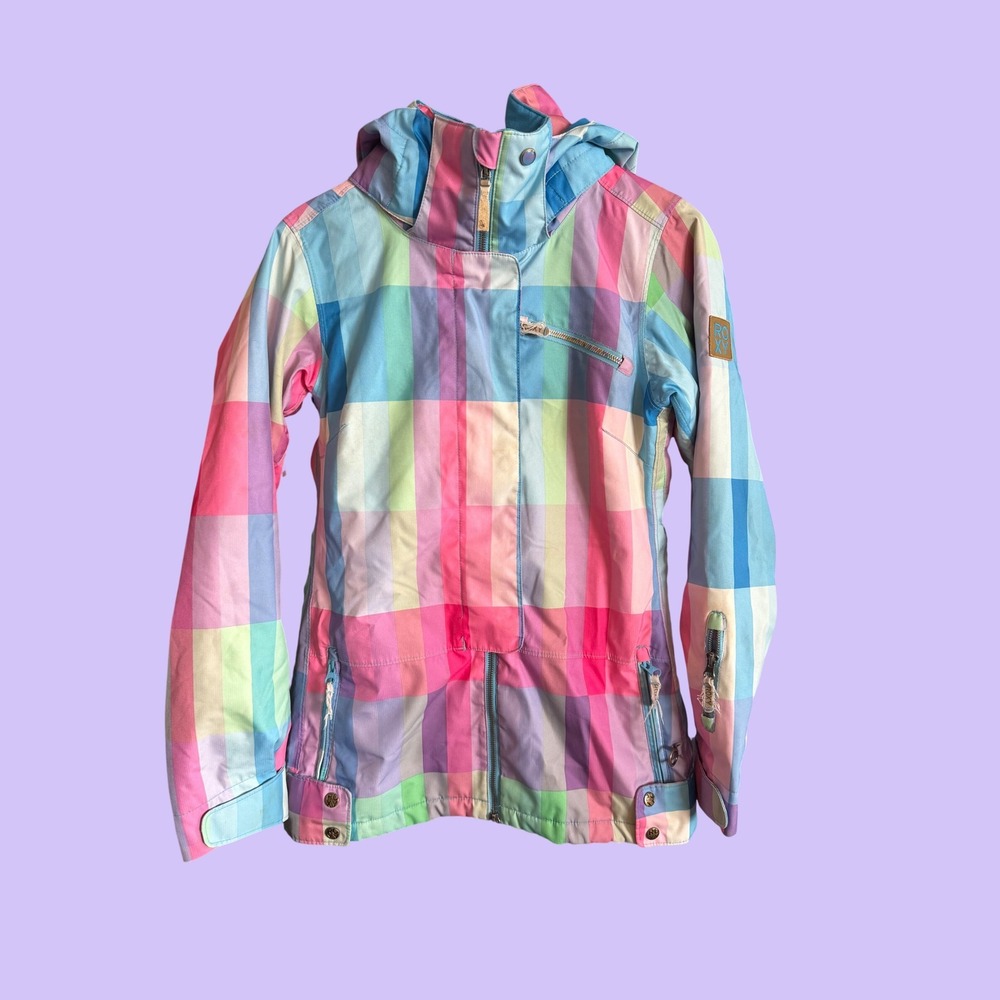 Roxy Snowboard Jacket Womens Small 10K Waterproof Plaid Long Slim Fit Multicolor